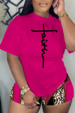 Casual Leopard Print Letter Print Patchwork O Neck Short Sleeve Two Pieces T-shirt Tops And Shorts Sets