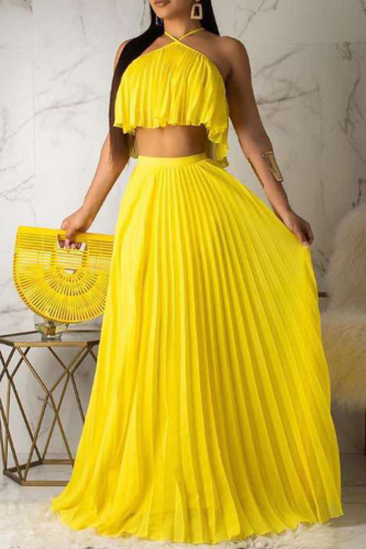 Pleated Sleeveless Backless Cross Halter Crop Tops And Maxi Skirt Vacation Two Pieces Skirt Set
