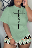 Casual Leopard Print Letter Print Patchwork O Neck Short Sleeve Two Pieces T-shirt Tops And Shorts Sets