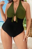 Sleeveless Sexy Patchwork Hollow Out Lace Up Backless Front Tie Halter One Pieces Swimsuit Plus Size Swimwear For Vacation (With Paddings)