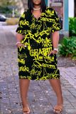 Casual African Print V Neck Short Sleeve Pokcets Loose T-Shirt Midi Dress