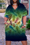 Casual African Print V Neck Short Sleeve Pokcets Loose T-Shirt Midi Dress