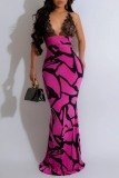 Sleeveless Floor Length Sexy Print Lace V Neck Mermaid Hem Backless Patchwork Spaghetti Strap Long Cami Bodycon Maxi Dresses