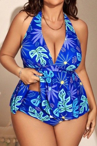 Sexy Leaf Print Sleeveless Backless Off Shoulder Vacation Beach Halter Swim Dress And Brief Swimsuit Plus Size Swimwear For Vacation(With Paddings)