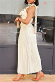 Casual Solid Color Backless Sleeveless Two Pieces Halter Tops And Pleated Maxi Skirt Sets For Vacation