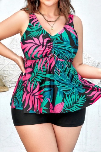 Tropical Print Sleeveless Backless V Neck Two Pieces Tankini Sets With Shorts Plus Size Vacation Swimwear (With Paddings)