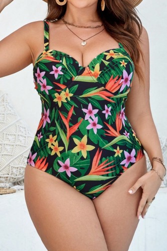 Tropical Print Sleeveless Backless Spaghetti Strap One Pieces Swimsuits Plus Size Swimwear For Beach (With Paddings)