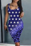 Casual Flag Stars Print U Neck Sleeveless Vest Tank Bodycon Midi Dress