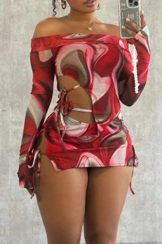 Sexy Ombre Print Off Shoulder Hollow Out Long Sleeve Tops And Side Split Lace Up Mini Skirts Sets Vacation 2 Piece Skirts Set