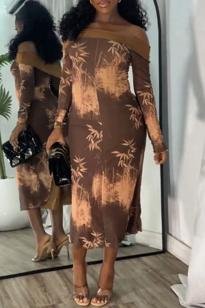 Casual Leaf Print Off Shoulder Long Sleeves Bodycon Vacation Maxi Dress