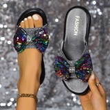 Casual Bow Pinch Toe Rhinestone Thick-Bottomed Slippers