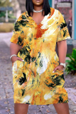 Casual African Print V Neck Short Sleeve Pokcets Loose T-Shirt Midi Dress