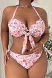 Sleeveless Off Shoulder Sexy Floral Print Front Tie Backless Belted Halter Beach Bikini Sets Vacation Swimsuit Plus Size Swimwear (With Paddings)
