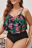 Sleeveless Sexy Floral Tropical Print Backless Spaghetti Strap Ruffle Hem One Pieces Swimsuits Plus Size Vacation Swimwear (With Paddings)