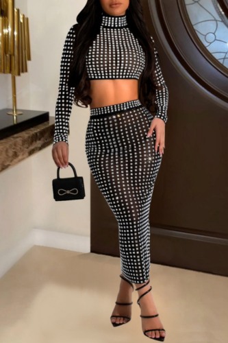 Sexy Hot Drilling See-through Turtleneck Long Sleeve Side Slit Crop Tops And Midi Skirts Sets Two Pieces Matching Set
