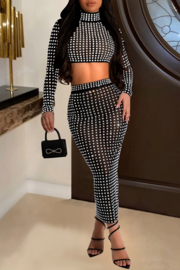 Sexy Hot Drilling See-through Turtleneck Long Sleeve Side Slit Crop Tops And Midi Skirts Sets Two Pieces Matching Set