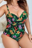 Tropical Print Sleeveless Backless Spaghetti Strap One Pieces Swimsuits Plus Size Swimwear For Beach (With Paddings)