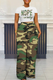 Letter Print Short Sleeve Pocket O Neck T Shirts And High Waist Pant Set Short Sleeve Two Pieces Trousers Set