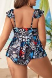 Sleeveless Floral Print Hollow Out Backless Ruffle Trim Spaghetti Strap Beach Swim Dress And Brief Sets Plus Size Vacation Swimwear (With Paddings)