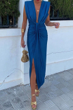 Sexy Solid Color Thigh Split V Neck Sleeveless Ruched Vacation Midi Dresses