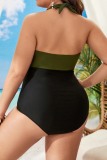 Sleeveless Sexy Patchwork Hollow Out Lace Up Backless Front Tie Halter One Pieces Swimsuit Plus Size Swimwear For Vacation (With Paddings)