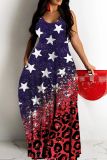 Sleeveless Floor Length Sexy Casual Flag Star Print Backless With Pockets Spaghetti Strap Long Loose Maxi Tank Dresses For Independence Day