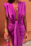 Sexy Solid Color Thigh Split V Neck Sleeveless Ruched Vacation Midi Dresses