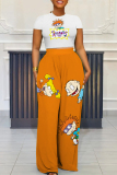 Casual Cartoon Print  O Neck Short Sleeve T Shirt And High Waist Pocket Pant Set Two Pieces Trousers Set