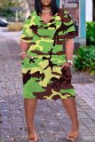Casual African Print V Neck Short Sleeve Pokcets Loose T-Shirt Midi Dress