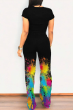 Letter Print Short Sleeve Pocket O Neck T Shirts And High Waist Pant Set Short Sleeve Two Pieces Trousers Set