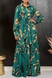 Casual Print With Belt Turndown Collar Long Dresses