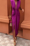Sexy Solid Color Thigh Split V Neck Sleeveless Ruched Vacation Midi Dresses