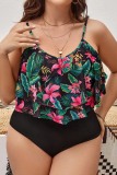 Sleeveless Sexy Floral Tropical Print Backless Spaghetti Strap Ruffle Hem One Pieces Swimsuits Plus Size Vacation Swimwear (With Paddings)
