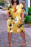 Casual African Print V Neck Short Sleeve Pokcets Loose T-Shirt Midi Dress