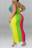 Stripe Print Sleeveless Front Tie Contrast U Neck Crop Tops And Maxi Skirts Sets For Vacation Plus Size Two Pieces Matching Set