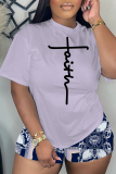 Casual Leopard Print Letter Print Patchwork O Neck Short Sleeve Two Pieces T-shirt Tops And Shorts Sets