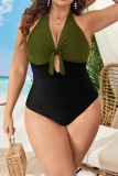 Sleeveless Sexy Patchwork Hollow Out Lace Up Backless Front Tie Halter One Pieces Swimsuit Plus Size Swimwear For Vacation (With Paddings)