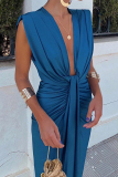 Sexy Solid Color Thigh Split V Neck Sleeveless Ruched Vacation Midi Dresses