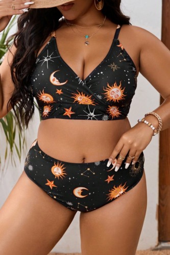 Sleeveless Sexy Starry Sky Print Backless Spaghetti Strap Bikini Sets Plus Size Vacation Swimwear (With Paddings)