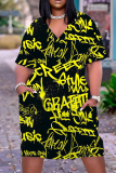 Casual African Print V Neck Short Sleeve Pokcets Loose T-Shirt Midi Dress