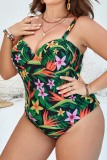 Tropical Print Sleeveless Backless Spaghetti Strap One Pieces Swimsuits Plus Size Swimwear For Beach (With Paddings)