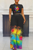 Letter Print Short Sleeve Pocket O Neck T Shirts And High Waist Pant Set Short Sleeve Two Pieces Trousers Set