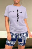 Casual Leopard Print Letter Print Patchwork O Neck Short Sleeve Two Pieces T-shirt Tops And Shorts Sets
