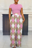Letter Print Short Sleeve Pocket O Neck T Shirts And High Waist Pant Set Short Sleeve Two Pieces Trousers Set
