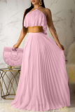 Pleated Sleeveless Backless Cross Halter Crop Tops And Maxi Skirt Vacation Two Pieces Skirt Set
