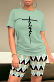 Casual Leopard Print Letter Print Patchwork O Neck Short Sleeve Two Pieces T-shirt Tops And Shorts Sets