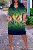 Casual African Print V Neck Short Sleeve Pokcets Loose T-Shirt Midi Dress