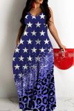 Sleeveless Floor Length Sexy Casual Flag Star Print Backless With Pockets Spaghetti Strap Long Loose Maxi Tank Dresses For Independence Day