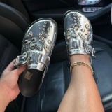 Casual Rivets Patchwork Round Flats Shoes Women's Wedge Platform Mules With Metallic Rhinestone Decorated Flat Sole Shoes