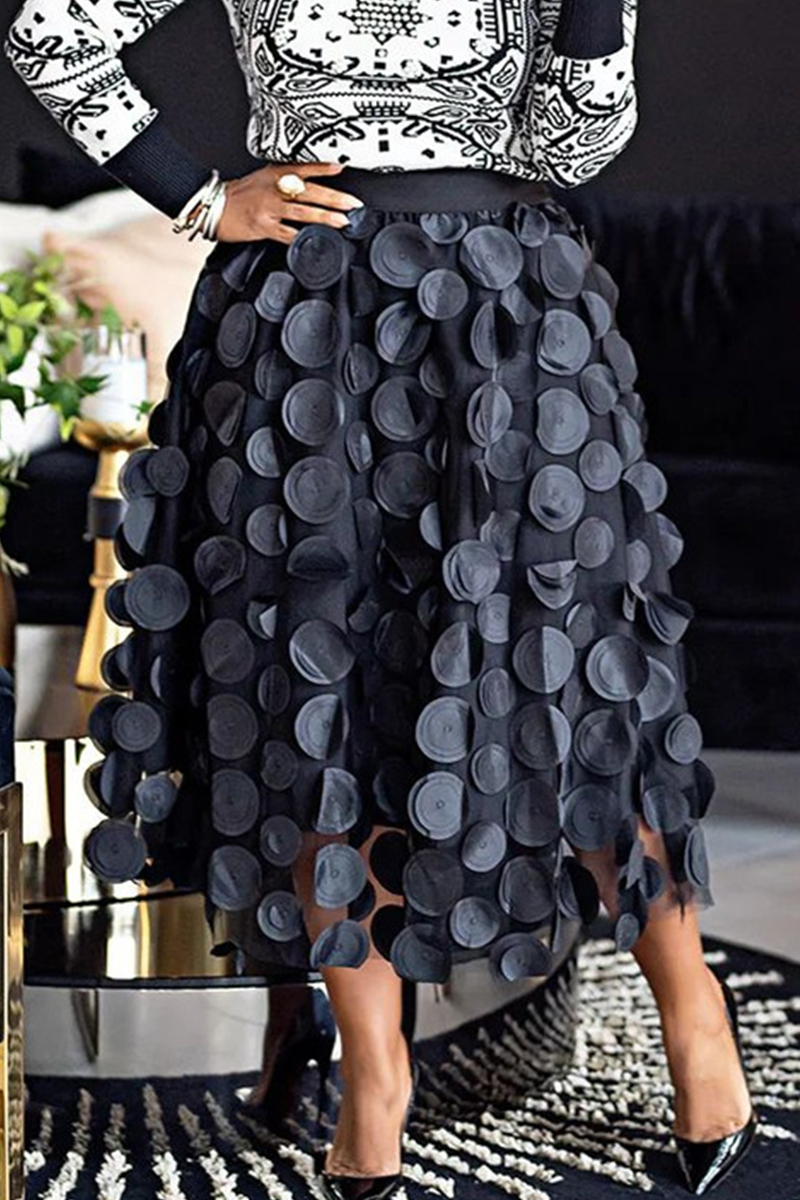 Black Polka Gathered Women Plus Size Skirt